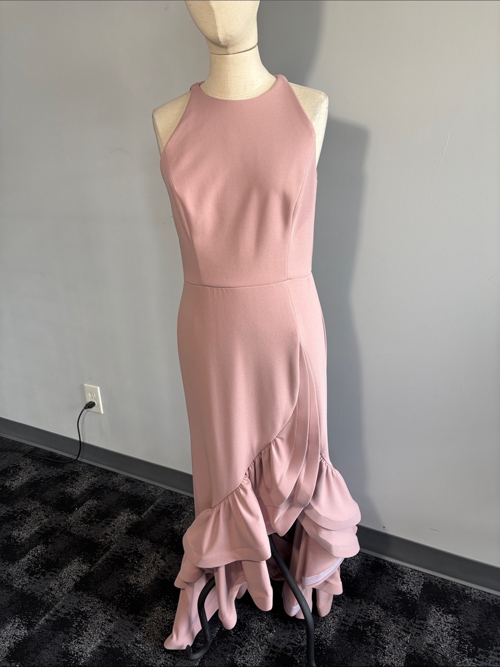 Betsy & Adam Dusty Rose High-Low Ruffle Halter Gown